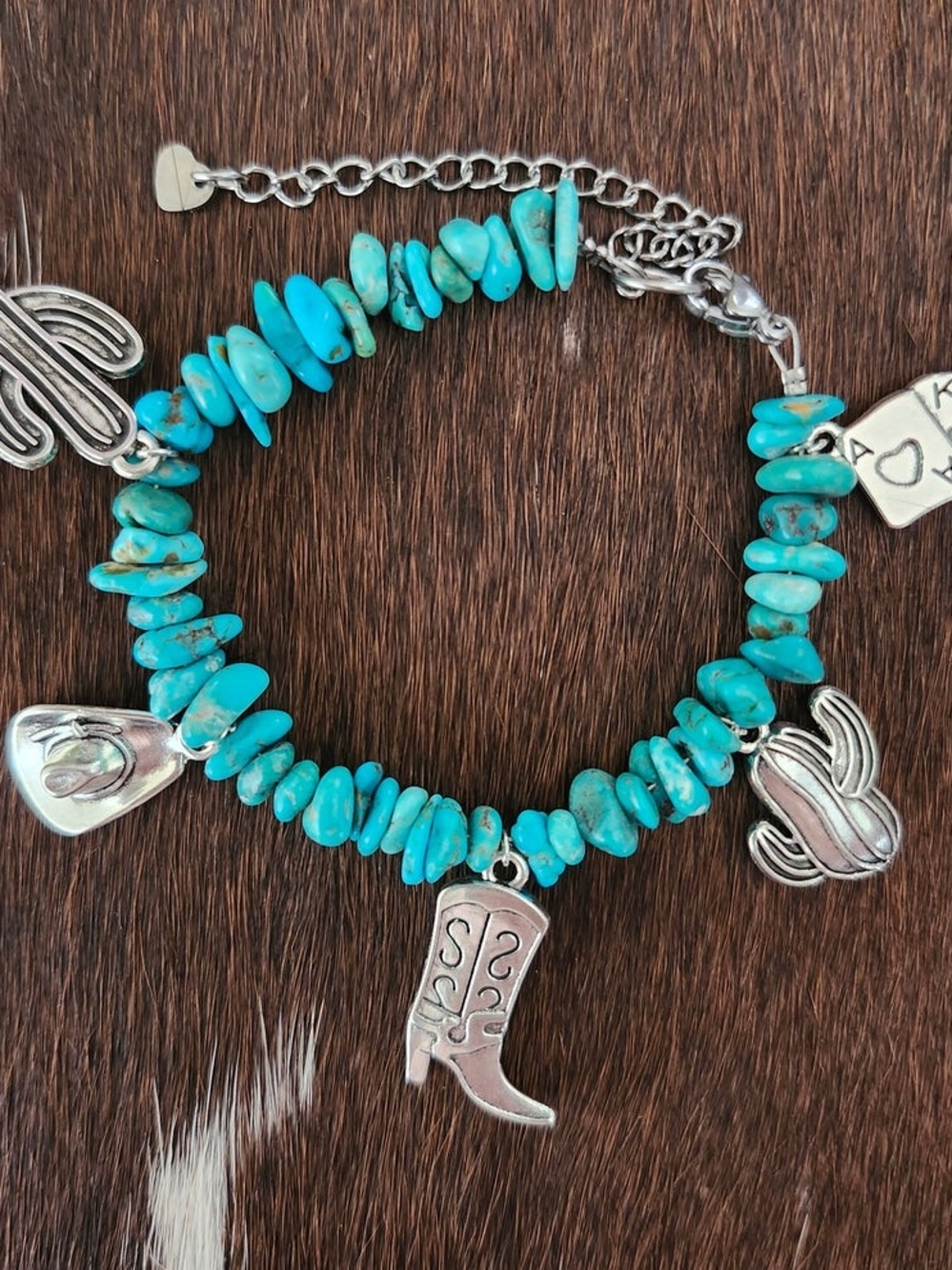 Genuine Kingman Chip Bracelet With Silver Western Charms - 7 Inches + Extender